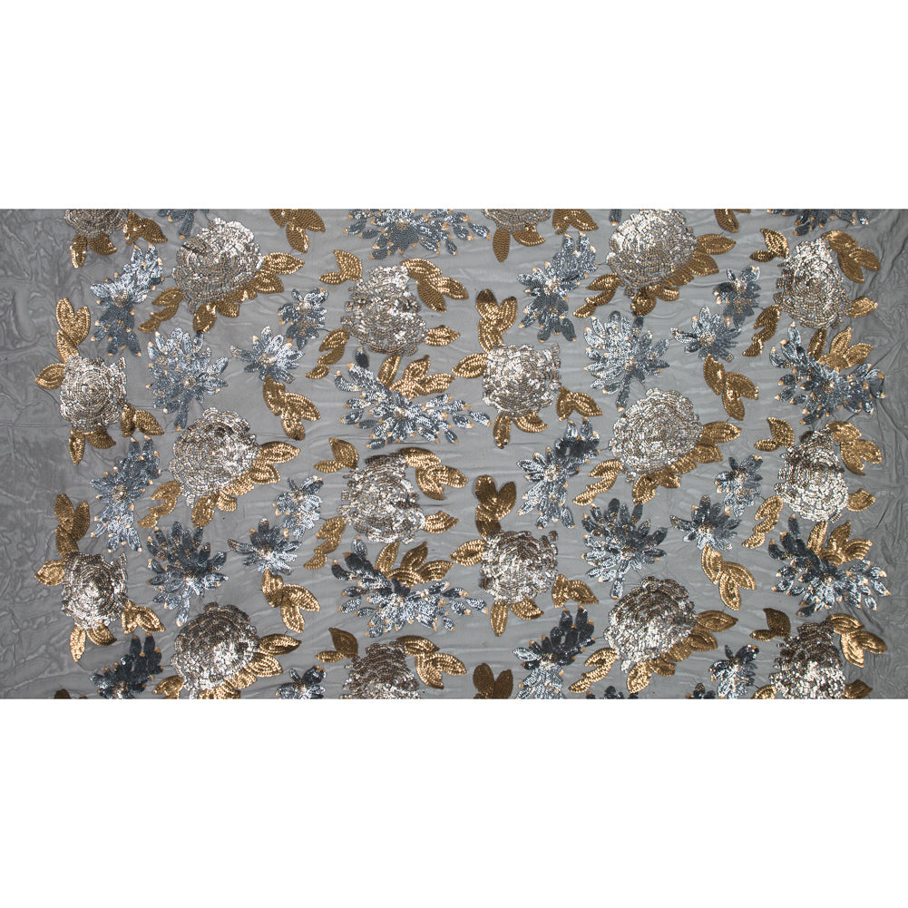 Mesh with Sequin Flowers - Gold and Gray on Black Folded Mesh with Sequin Flowers - Gold and Gray on Black Folded