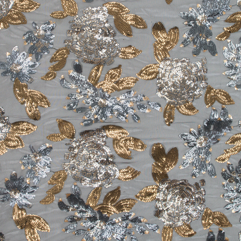 Mesh with Sequin Flowers - Gold and Gray on Black Mesh with Sequin Flowers - Gold and Gray on Black