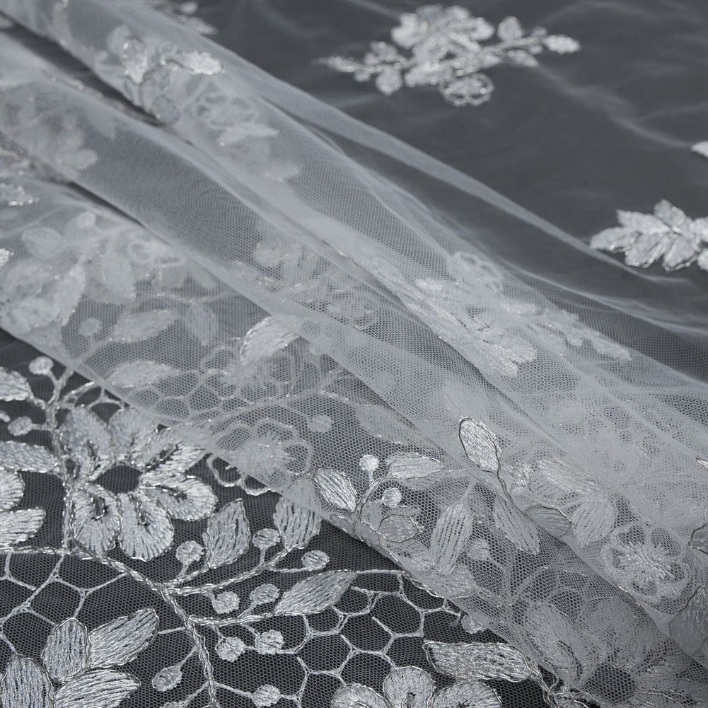 Silver on White Floral Corded Bridal Lace Detail Silver on White Floral Corded Bridal Lace Detail