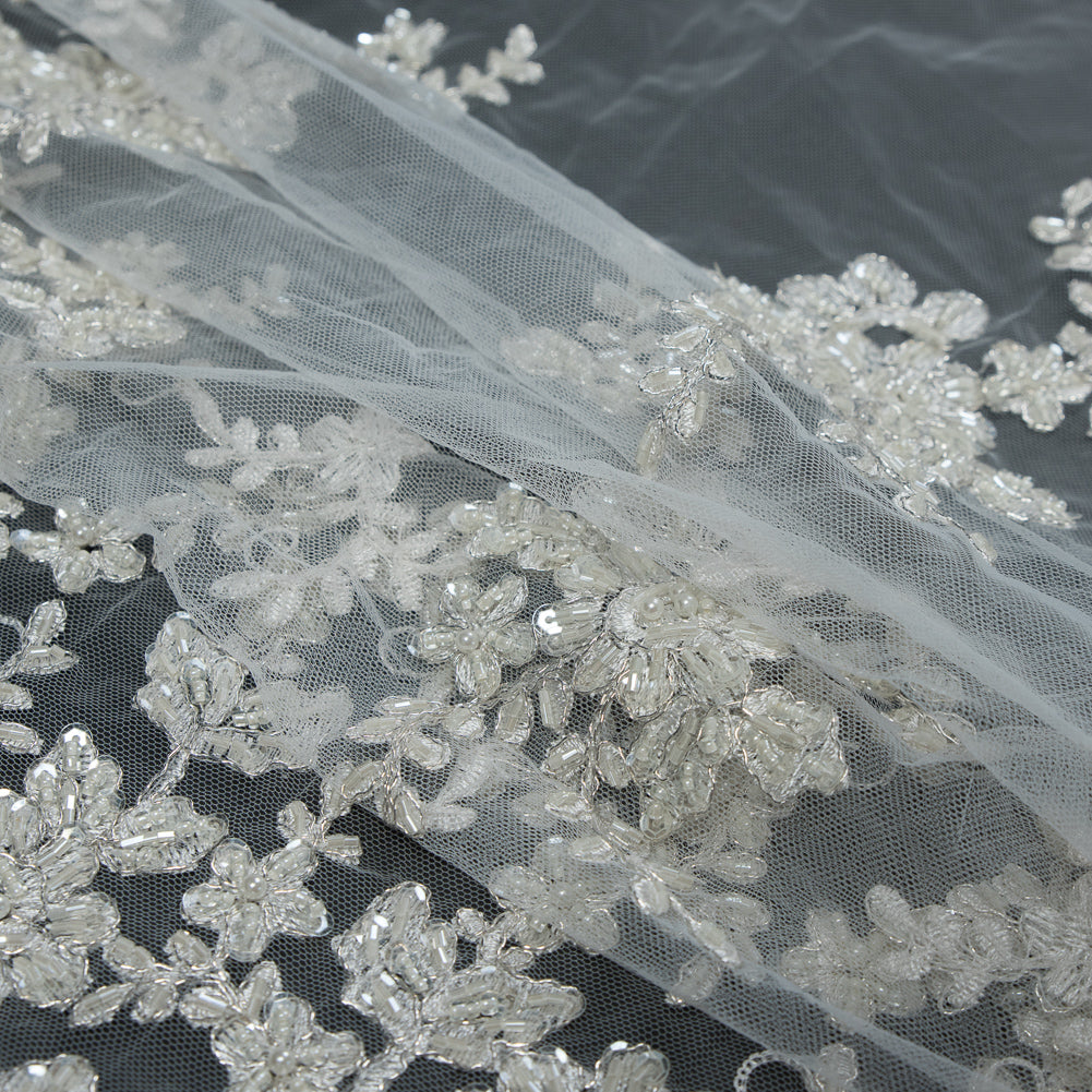 White and Silver Beaded Floral Bridal Lace with Scalloped Edges Folded White and Silver Beaded Floral Bridal Lace with Scalloped Edges Folded