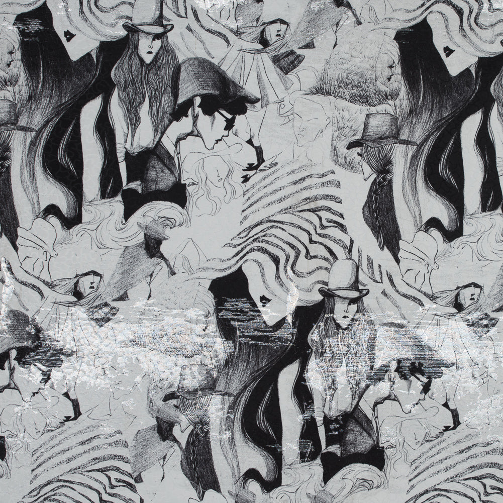 Metallic Silver Abstract Jacquard with Black and White Fashion Sketch Print Metallic Silver Abstract Jacquard with Black and White Fashion Sketch Print