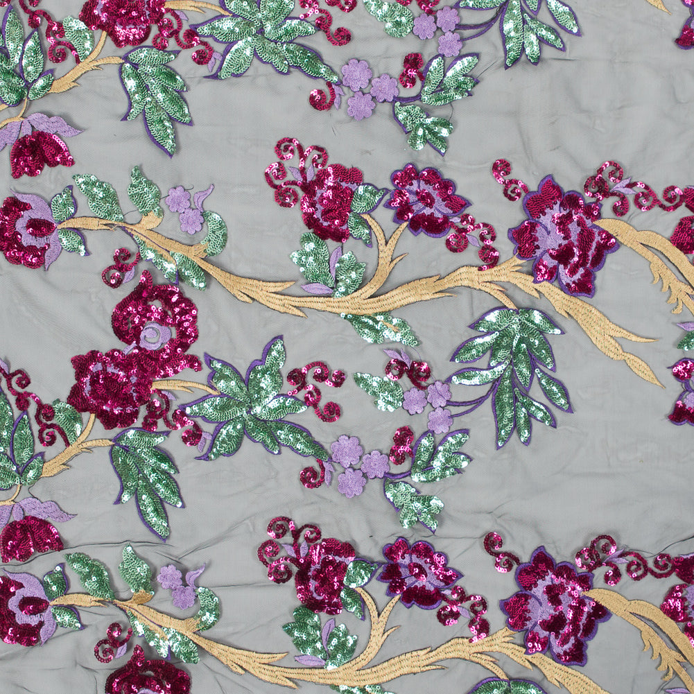 Purple, Pink, Green and Gold Floral Embroidered and Sequined Mesh Purple, Pink, Green and Gold Floral Embroidered and Sequined Mesh