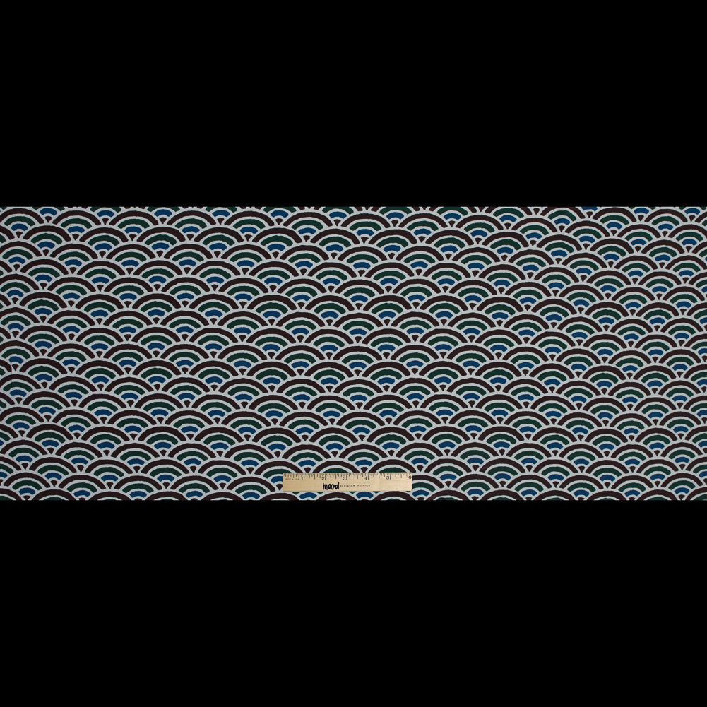 Brown, Blue and Green Scallop Printed Silk Crepe de Chine Full Brown, Blue and Green Scallop Printed Silk Crepe de Chine Full