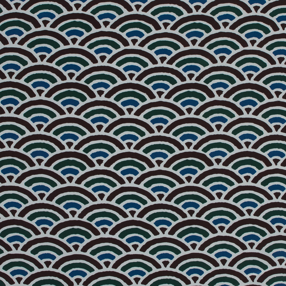Brown, Blue and Green Scallop Printed Silk Crepe de Chine Brown, Blue and Green Scallop Printed Silk Crepe de Chine