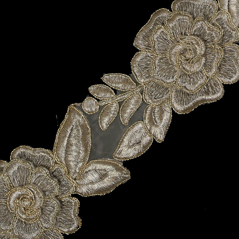 3D Metallic Gold Re-Embroidered Floral Organza Trim - 2.25" Detail 3D Metallic Gold Re-Embroidered Floral Organza Trim - 2.25" Detail