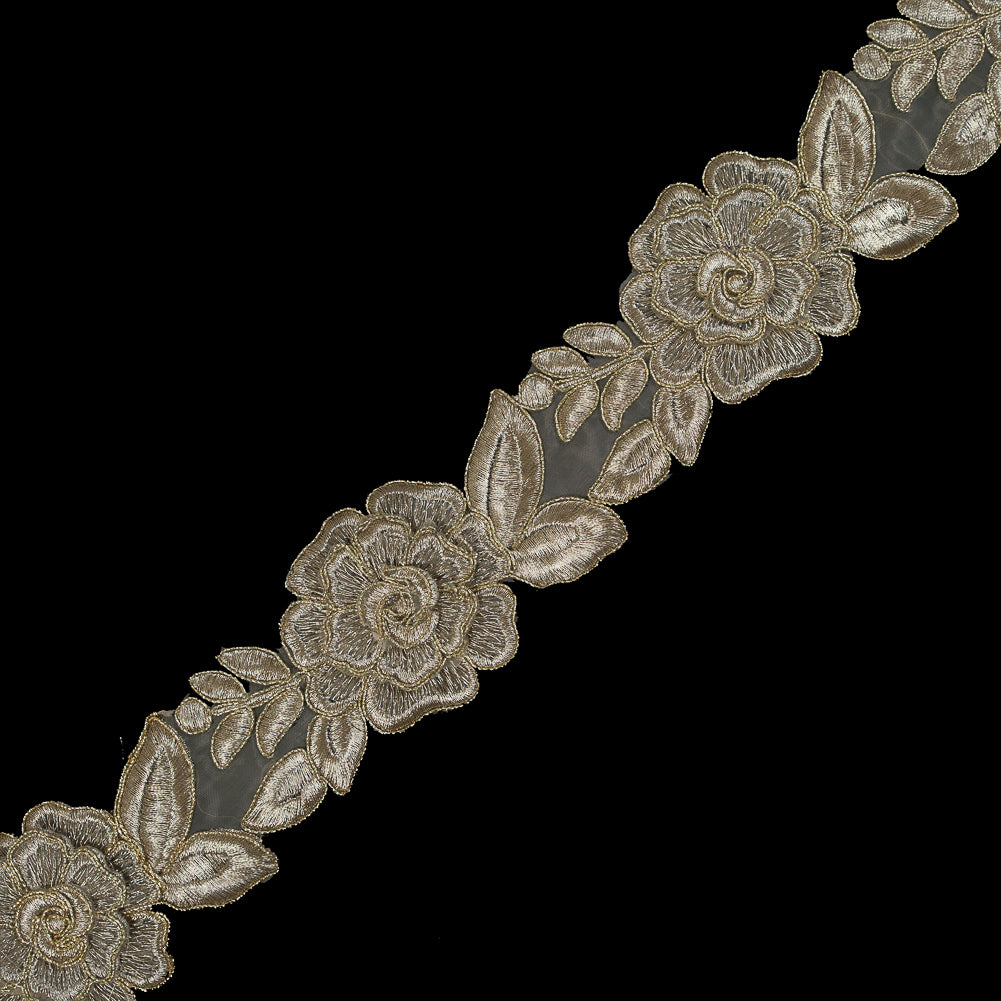 3D Metallic Gold Re-Embroidered Floral Organza Trim - 2.25" 3D Metallic Gold Re-Embroidered Floral Organza Trim - 2.25"