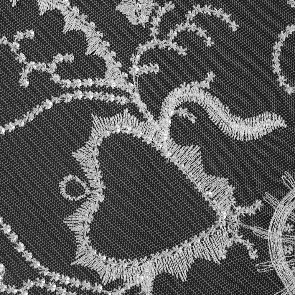 Embroidered Tulle with Sequins - White Fancy Swirls Detail Embroidered Tulle with Sequins - White Fancy Swirls Detail