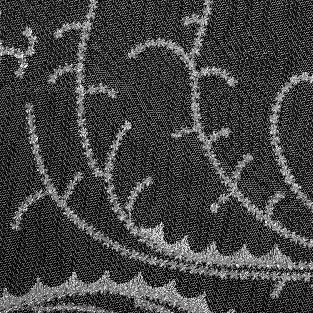 Embroidered Tulle with Sequins - Off White Fancy Swirls Detail Embroidered Tulle with Sequins - Off White Fancy Swirls Detail
