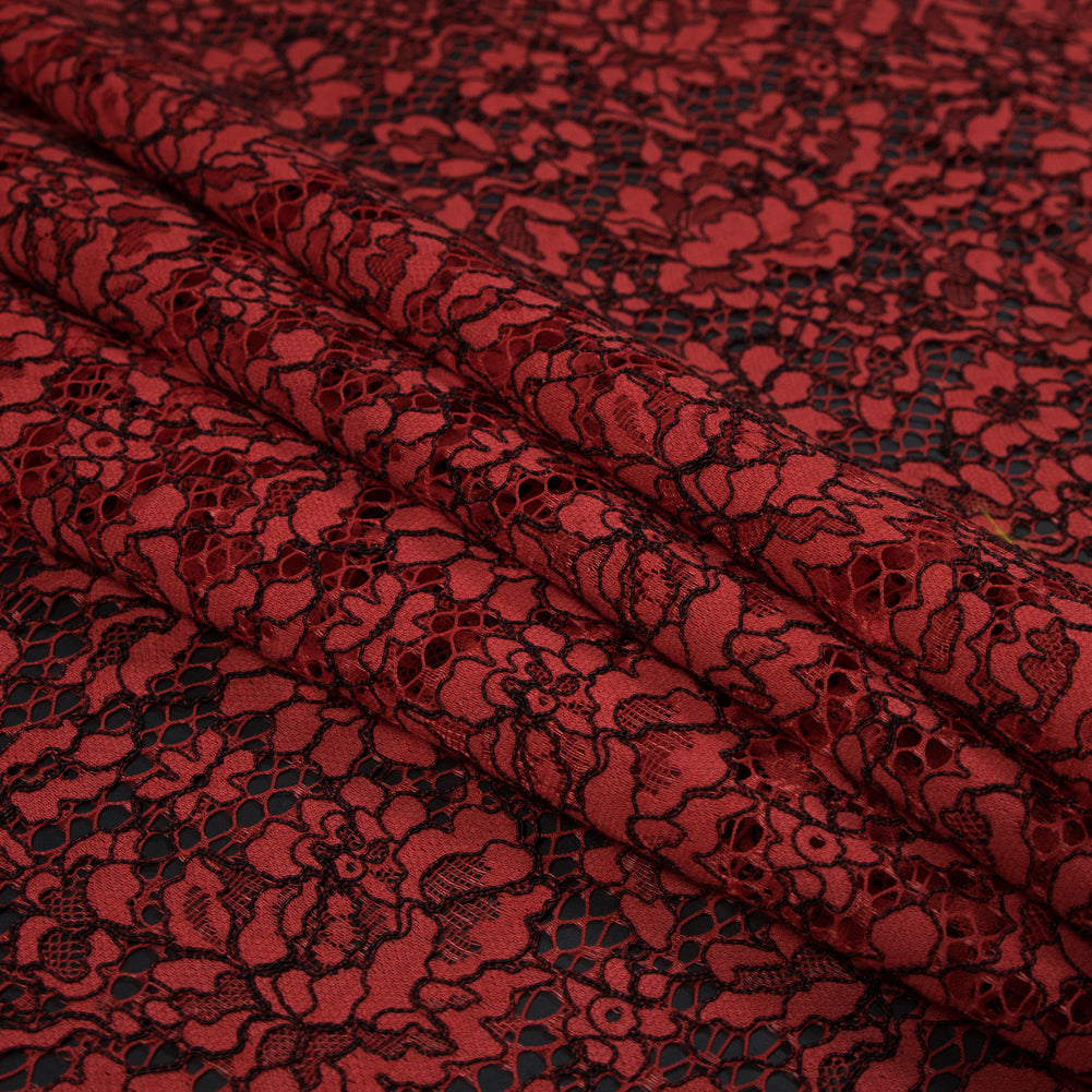 Red Coral and Black Floral Corded Lace with Eyelash Edges Folded Red Coral and Black Floral Corded Lace with Eyelash Edges Folded