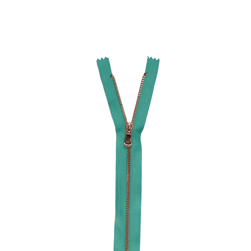 Sea Green and Rose Gold T3 Metal Closed Bottom Zipper - 36" Sea Green and Rose Gold T3 Metal Closed Bottom Zipper - 36"