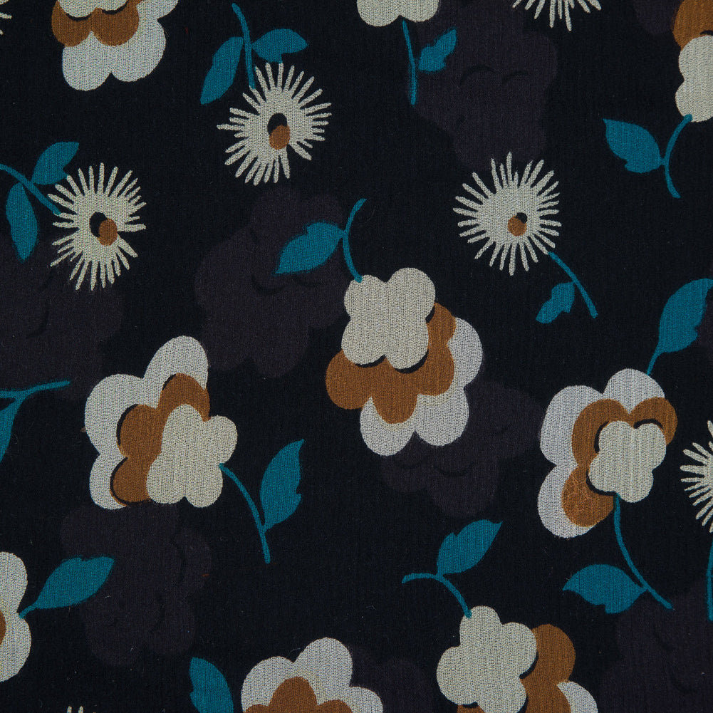 Famous NYC Designer Blue and Brown Floral Crinkled Silk Chiffon Detail Famous NYC Designer Blue and Brown Floral Crinkled Silk Chiffon Detail