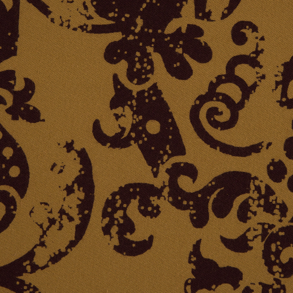 Mustard and Brown Scroll Printed Cotton Twill with a Brushed Back Detail Mustard and Brown Scroll Printed Cotton Twill with a Brushed Back Detail