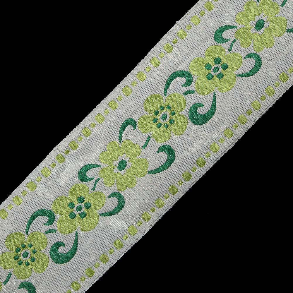 White, Green and Metallic Gold Floral Jacquard Ribbon - 2" Detail White, Green and Metallic Gold Floral Jacquard Ribbon - 2" Detail