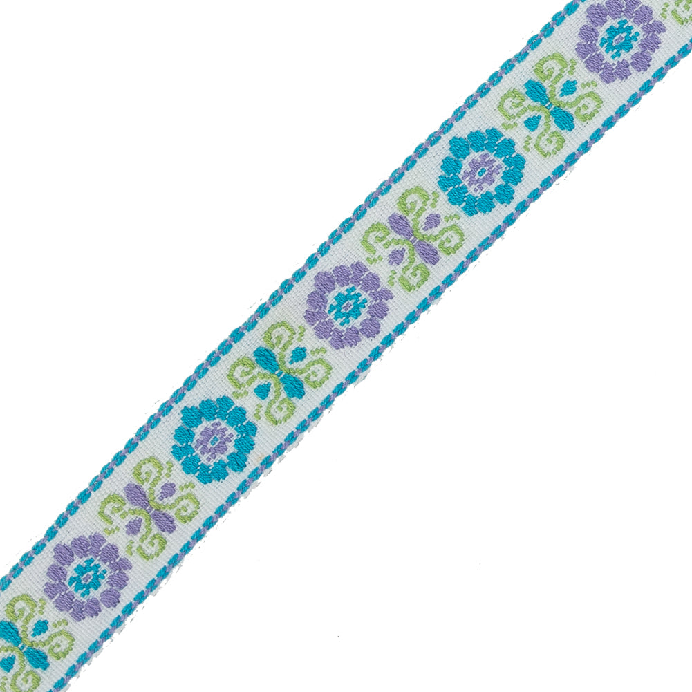 Green, Purple and Blue Floral German Jacquard Ribbon - 0.75" Detail Green, Purple and Blue Floral German Jacquard Ribbon - 0.75" Detail
