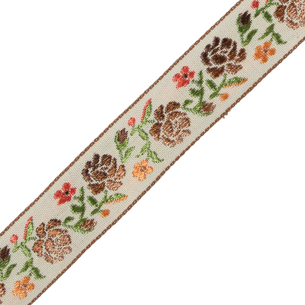 Brown, Orange and Green Floral Jacquard Ribbon - 0.875" Detail Brown, Orange and Green Floral Jacquard Ribbon - 0.875" Detail
