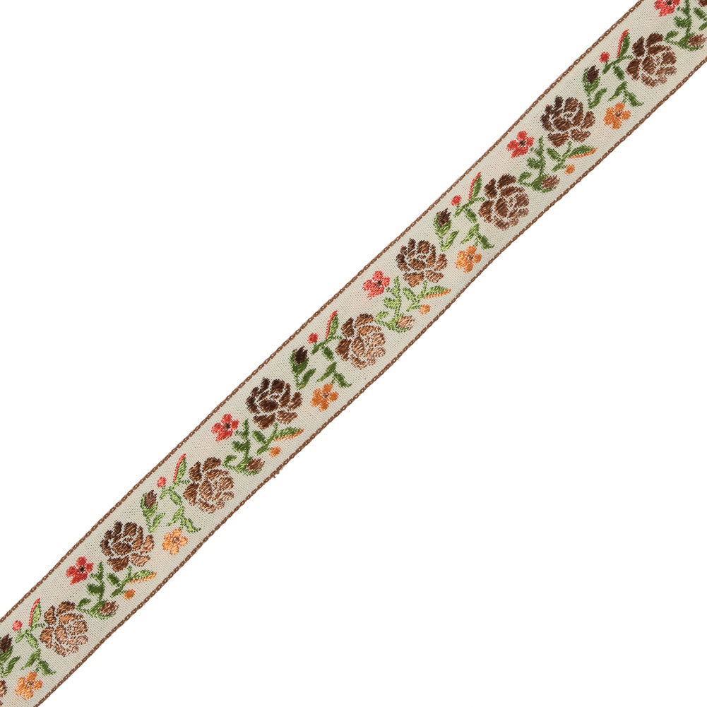 Brown, Orange and Green Floral Jacquard Ribbon - 0.875" Brown, Orange and Green Floral Jacquard Ribbon - 0.875"