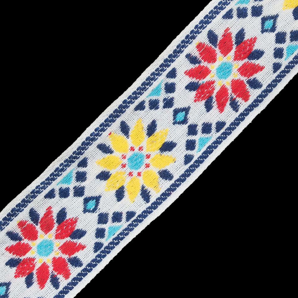 Blue, Yellow and Red Geometric Jacquard Ribbon - 2" Detail Blue, Yellow and Red Geometric Jacquard Ribbon - 2" Detail