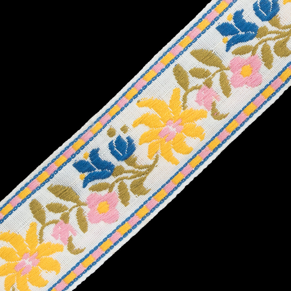 White, Yellow and Pink Floral Jacquard Ribbon - 1.625" Detail White, Yellow and Pink Floral Jacquard Ribbon - 1.625" Detail