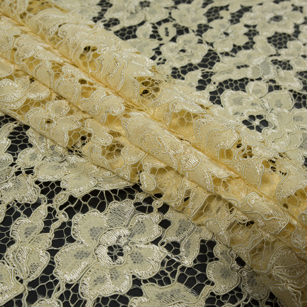 Famous NYC Designer Yellow Corded Floral Lace with Scalloped Edges Folded Famous NYC Designer Yellow Corded Floral Lace with Scalloped Edges Folded