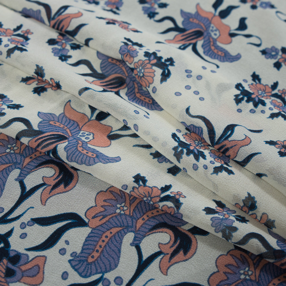 Pink and Blue Floral Border Printed Silk Chiffon Folded Pink and Blue Floral Border Printed Silk Chiffon Folded