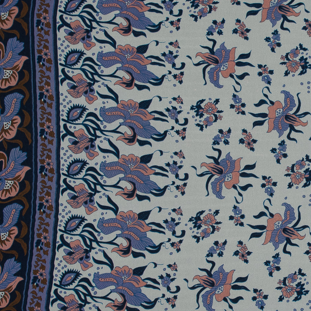 Pink and Blue Floral Border Printed Silk Chiffon Pink and Blue Floral Border Printed Silk Chiffon