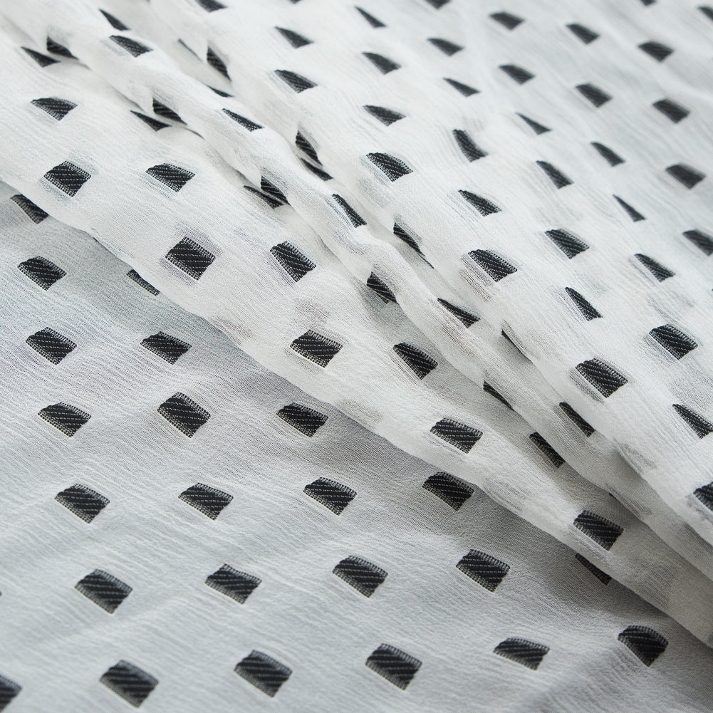 White Crinkled Silk Chiffon with Embroidered Rectangles Folded White Crinkled Silk Chiffon with Embroidered Rectangles Folded