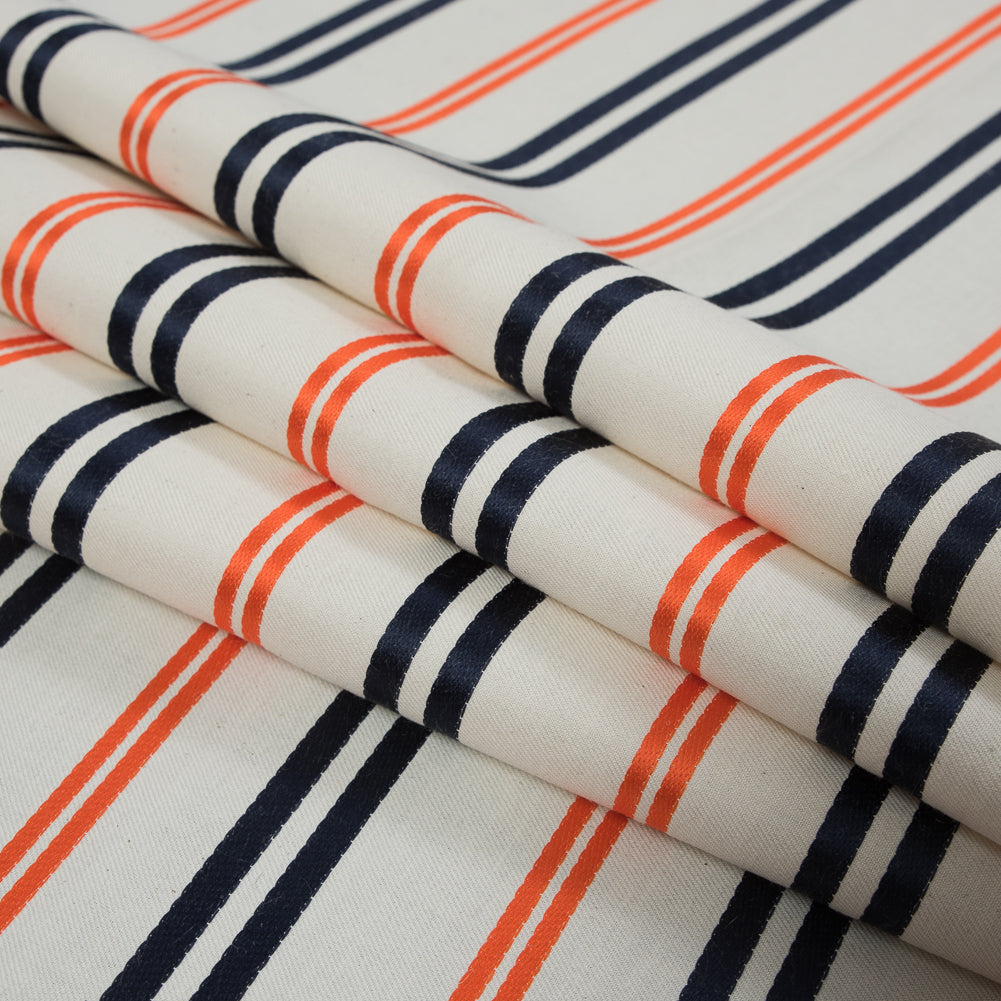 Pale Beige Cotton Twill with Orange and Navy Embroidered Stripes Folded Pale Beige Cotton Twill with Orange and Navy Embroidered Stripes Folded