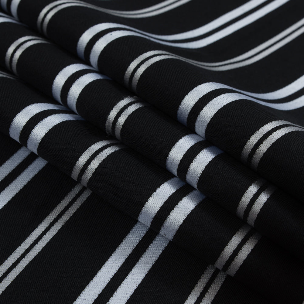 Black Cotton Twill with Silver Embroidered Stripes Folded Black Cotton Twill with Silver Embroidered Stripes Folded
