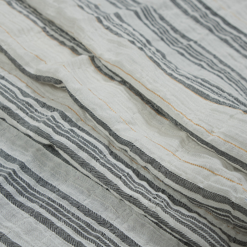 White, Black and Metallic Gold Striped Gauzy Cotton Dobby Folded White, Black and Metallic Gold Striped Gauzy Cotton Dobby Folded