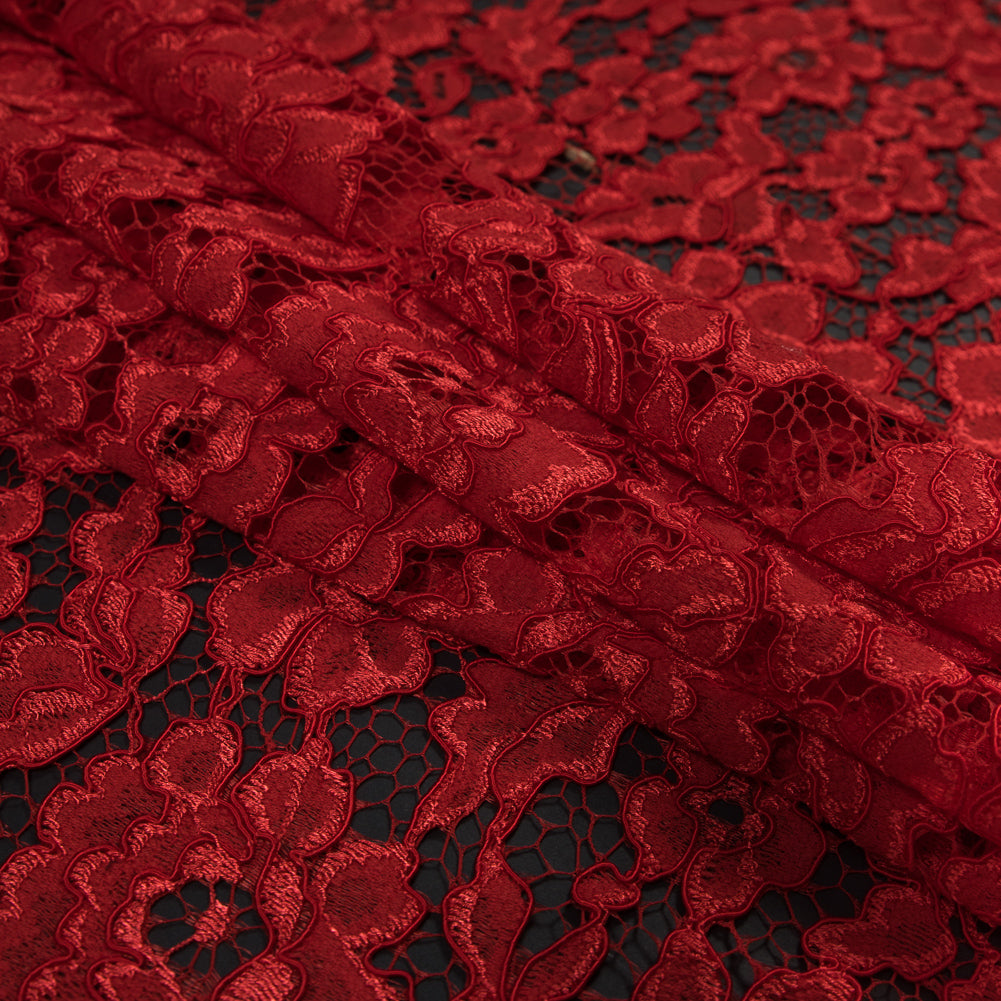 Famous NYC Designer Red Corded Floral Lace with Scalloped Edges Folded Famous NYC Designer Red Corded Floral Lace with Scalloped Edges Folded