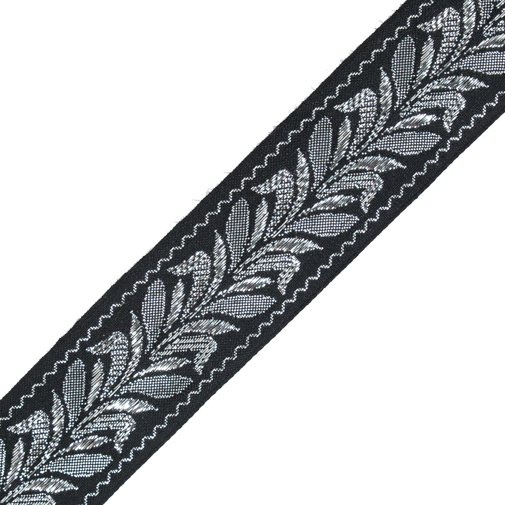 Black and Silver Metallic Foliage Jacquard Ribbon - 1.5" Detail Black and Silver Metallic Foliage Jacquard Ribbon - 1.5" Detail