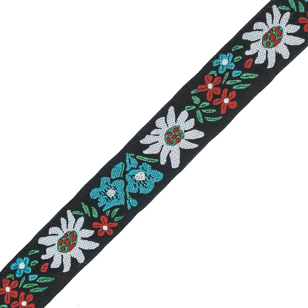 Black, White, and Blue Floral Jacquard Ribbon - 1" Detail Black, White, and Blue Floral Jacquard Ribbon - 1" Detail