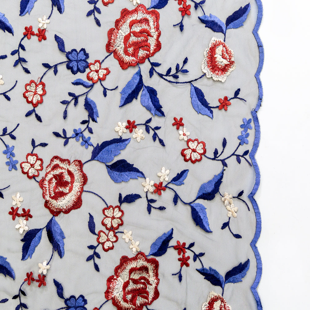 Red, White and Blue Floral Embroidered Mesh Red, White and Blue Floral Embroidered Mesh