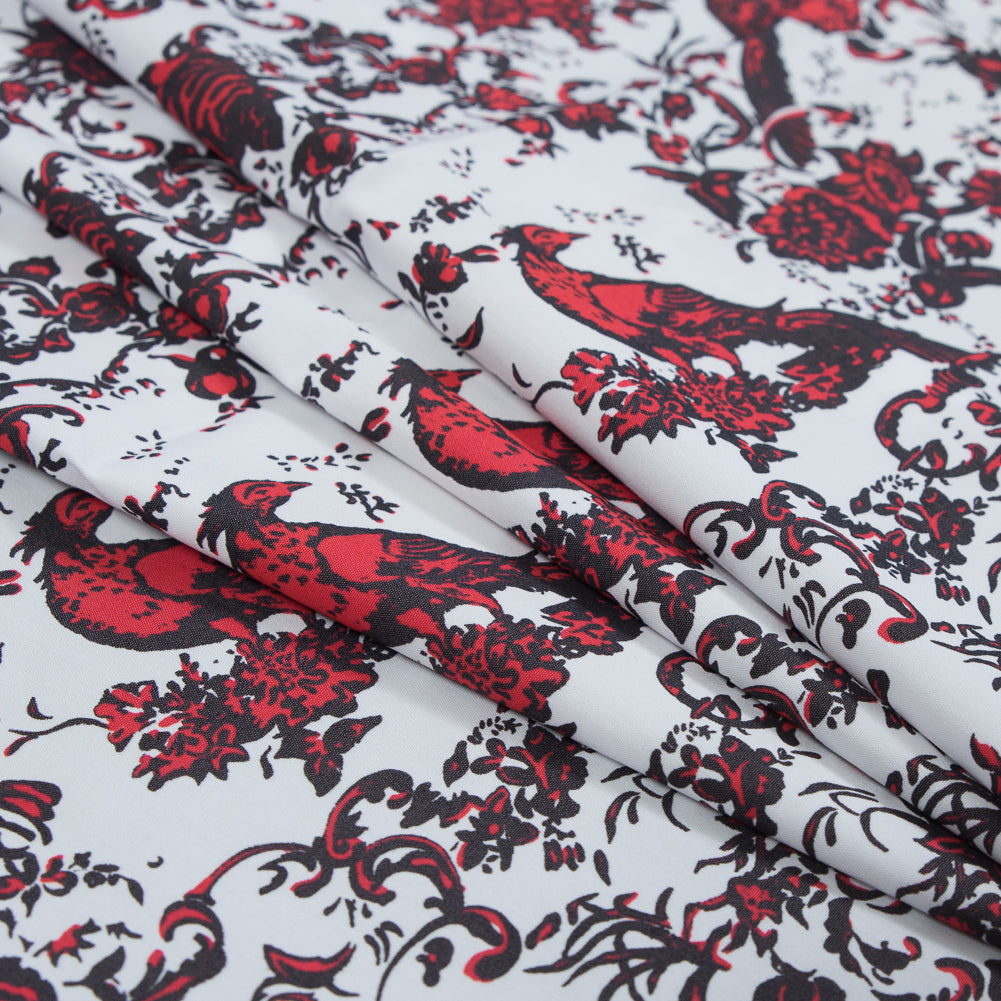 Red, White and Black Bird of Paradise Printed Stretch Cotton Shirting Folded Red, White and Black Bird of Paradise Printed Stretch Cotton Shirting Folded
