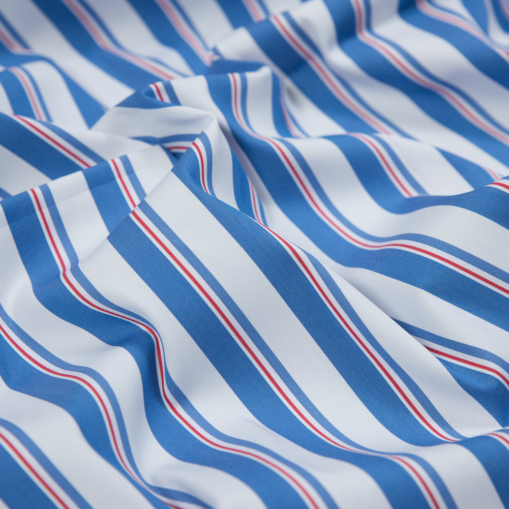 Blue, White and Red Striped Stretch Cotton Shirting Detail Blue, White and Red Striped Stretch Cotton Shirting Detail