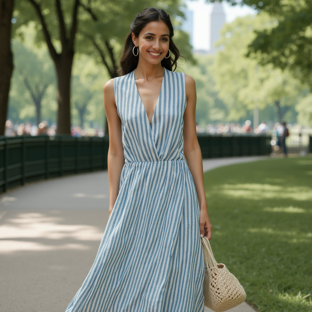 Stretch Linen Woven - Striped Blue - Asturias Collection Stretch Linen Woven - Striped Blue - Asturias Collection
