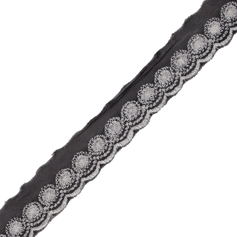 White and Black Embroidered Mesh Trim with a Scalloped Edge - 1" Detail White and Black Embroidered Mesh Trim with a Scalloped Edge - 1" Detail