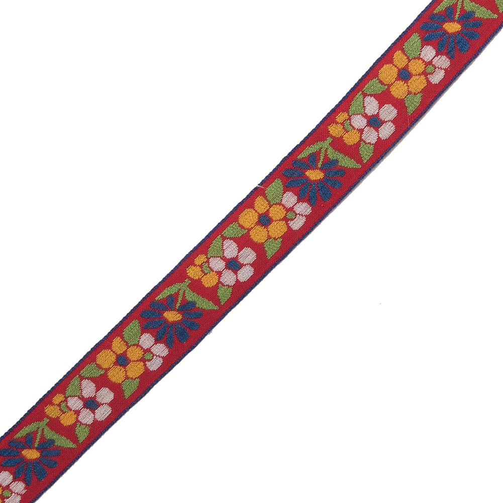 German Red, Yellow and Blue Floral Jacquard Ribbon - 0.75" Detail German Red, Yellow and Blue Floral Jacquard Ribbon - 0.75" Detail