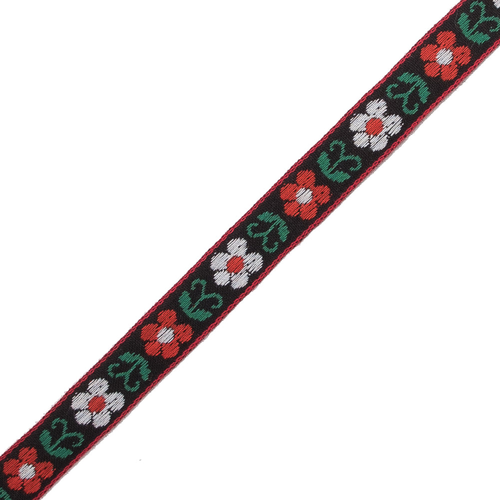 Red, Green and Black Floral German Jacquard Ribbon - 0.5" Detail Red, Green and Black Floral German Jacquard Ribbon - 0.5" Detail