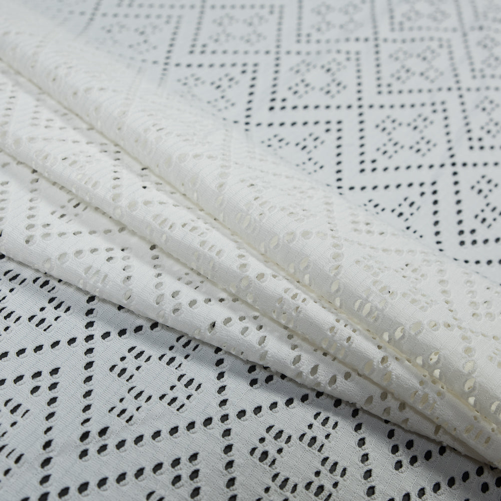 Italian White Geometric Crochet Knit with Fringe Selvages Detail
