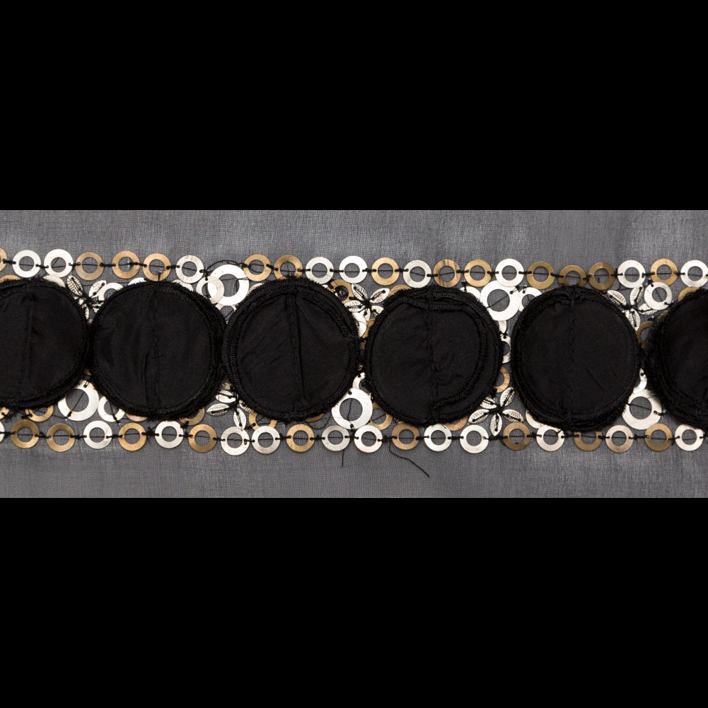 Italian 3D Black Organza Trimming with Gold Metal Sequins - 3" Italian 3D Black Organza Trimming with Gold Metal Sequins - 3"