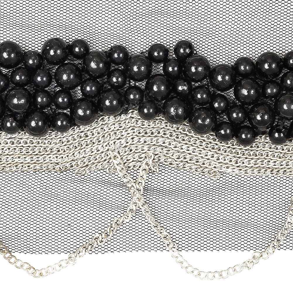 Italian Black Beaded Mesh Trimming with Silver Metal Chains - 3.5" Detail Italian Black Beaded Mesh Trimming with Silver Metal Chains - 3.5" Detail