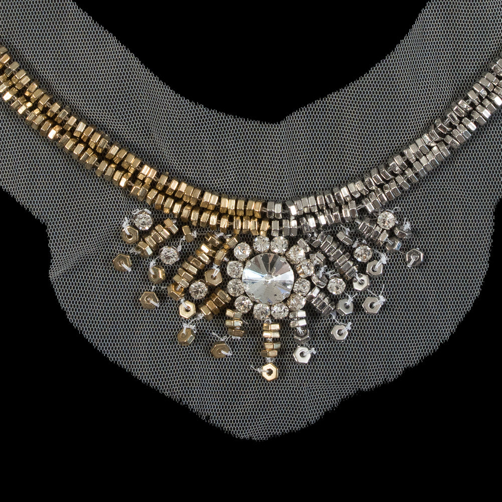 Italian Silver and Gold Beaded Rhinestone Neckline Applique on White Mesh Detail Italian Silver and Gold Beaded Rhinestone Neckline Applique on White Mesh Detail