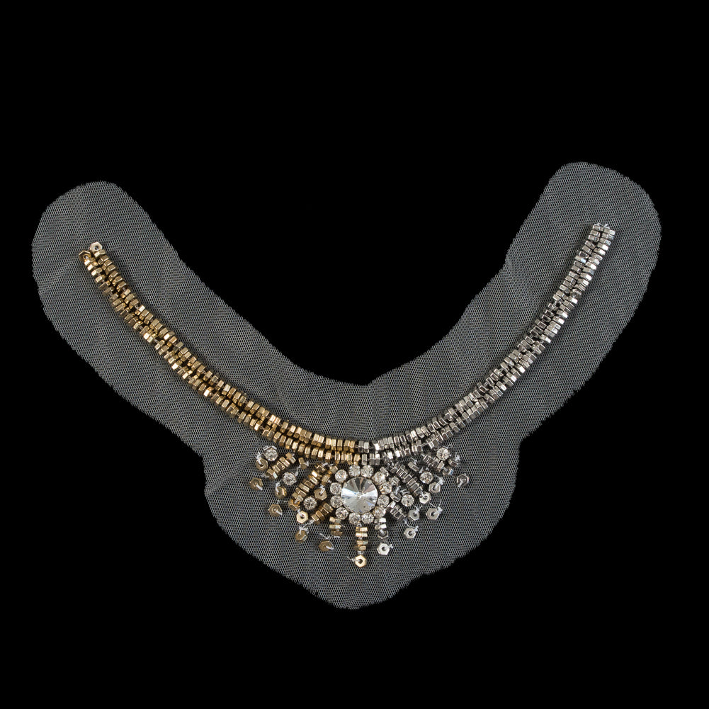 Italian Silver and Gold Beaded Rhinestone Neckline Applique on White Mesh Italian Silver and Gold Beaded Rhinestone Neckline Applique on White Mesh