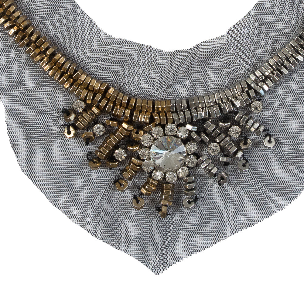 Italian Silver and Gold Beaded Rhinestone Neckline Applique on Black Mesh Detail Italian Silver and Gold Beaded Rhinestone Neckline Applique on Black Mesh Detail