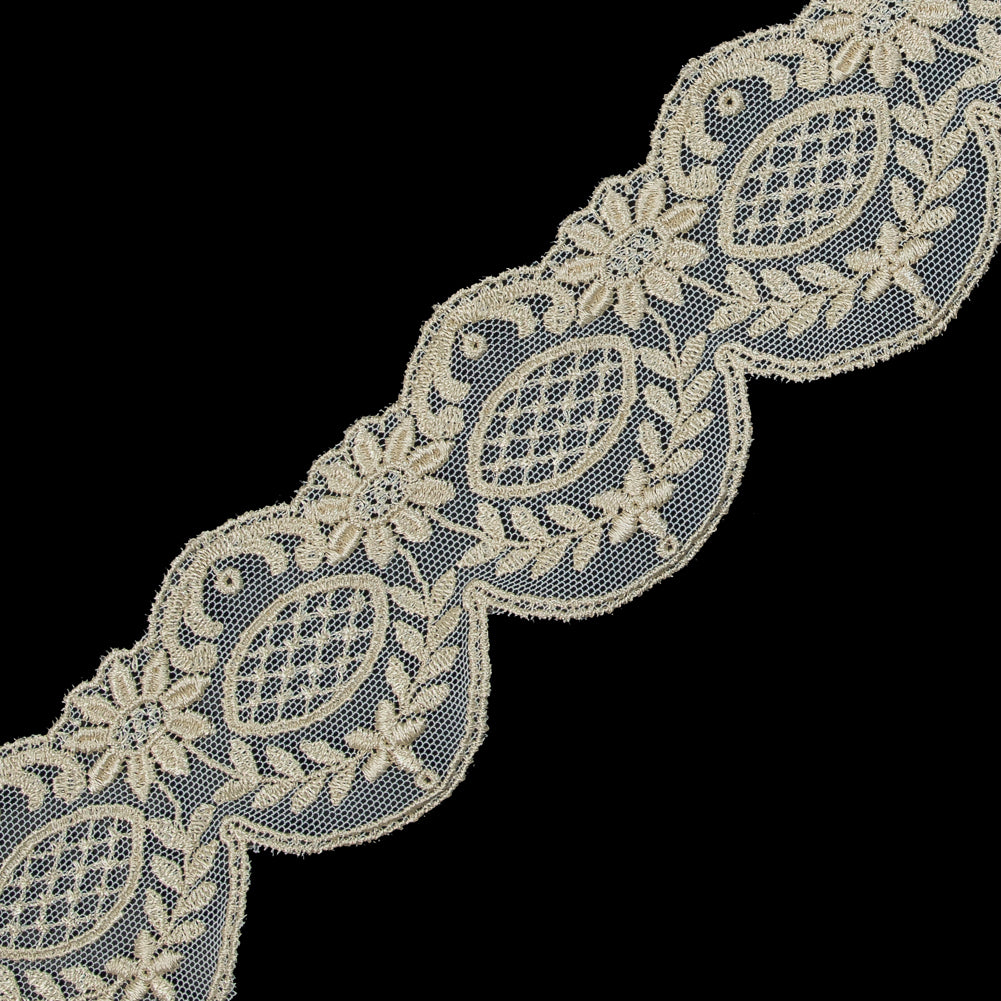 Metallic Gold Scallop-Edged Embroidered Mesh - 2.5" Detail Metallic Gold Scallop-Edged Embroidered Mesh - 2.5" Detail