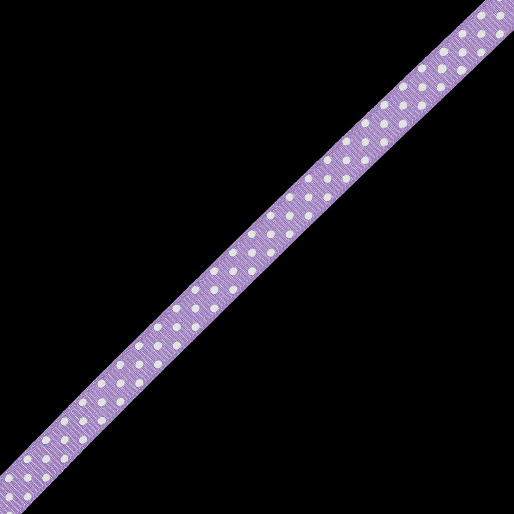 Orchid Grosgrain Ribbon with White Polka Dots - 0.375" Detail Orchid Grosgrain Ribbon with White Polka Dots - 0.375" Detail
