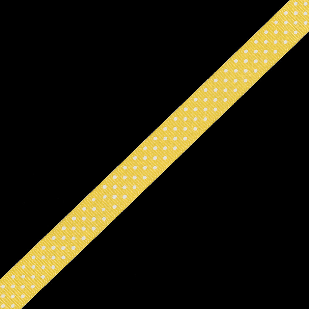 Yellow Grosgrain Ribbon with White Polka Dots - 0.625" Detail Yellow Grosgrain Ribbon with White Polka Dots - 0.625" Detail