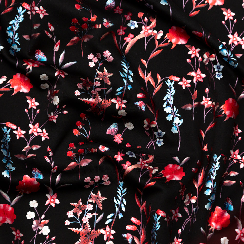 Black Ponte Knit with Red and Blue Floral Foil Design Black Ponte Knit with Red and Blue Floral Foil Design