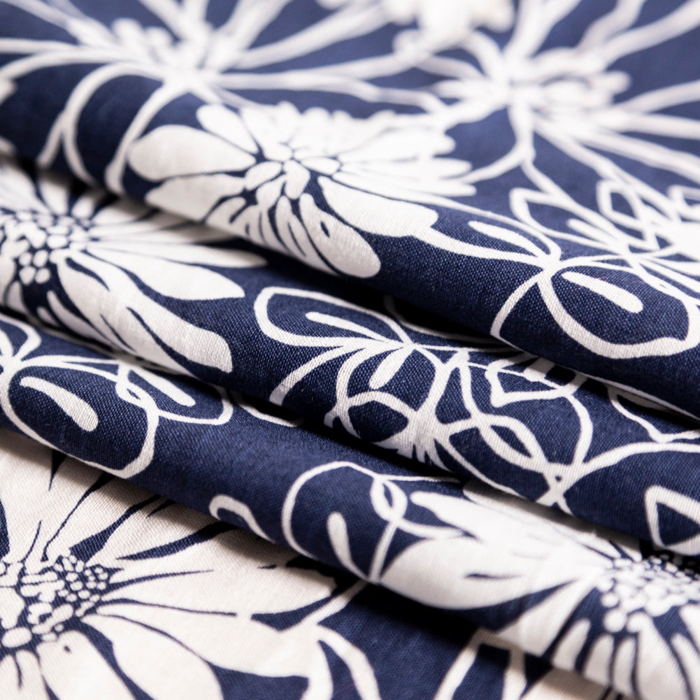 Denim and White Floral Printed Linen Woven Folded Denim and White Floral Printed Linen Woven Folded